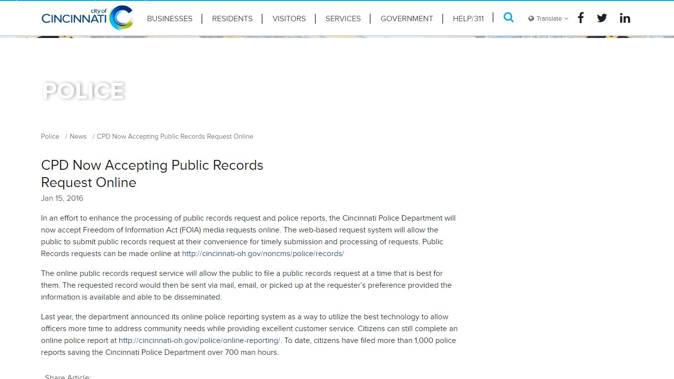 CPD Now Accepting Public Records Request Online - Police - Cincinnati